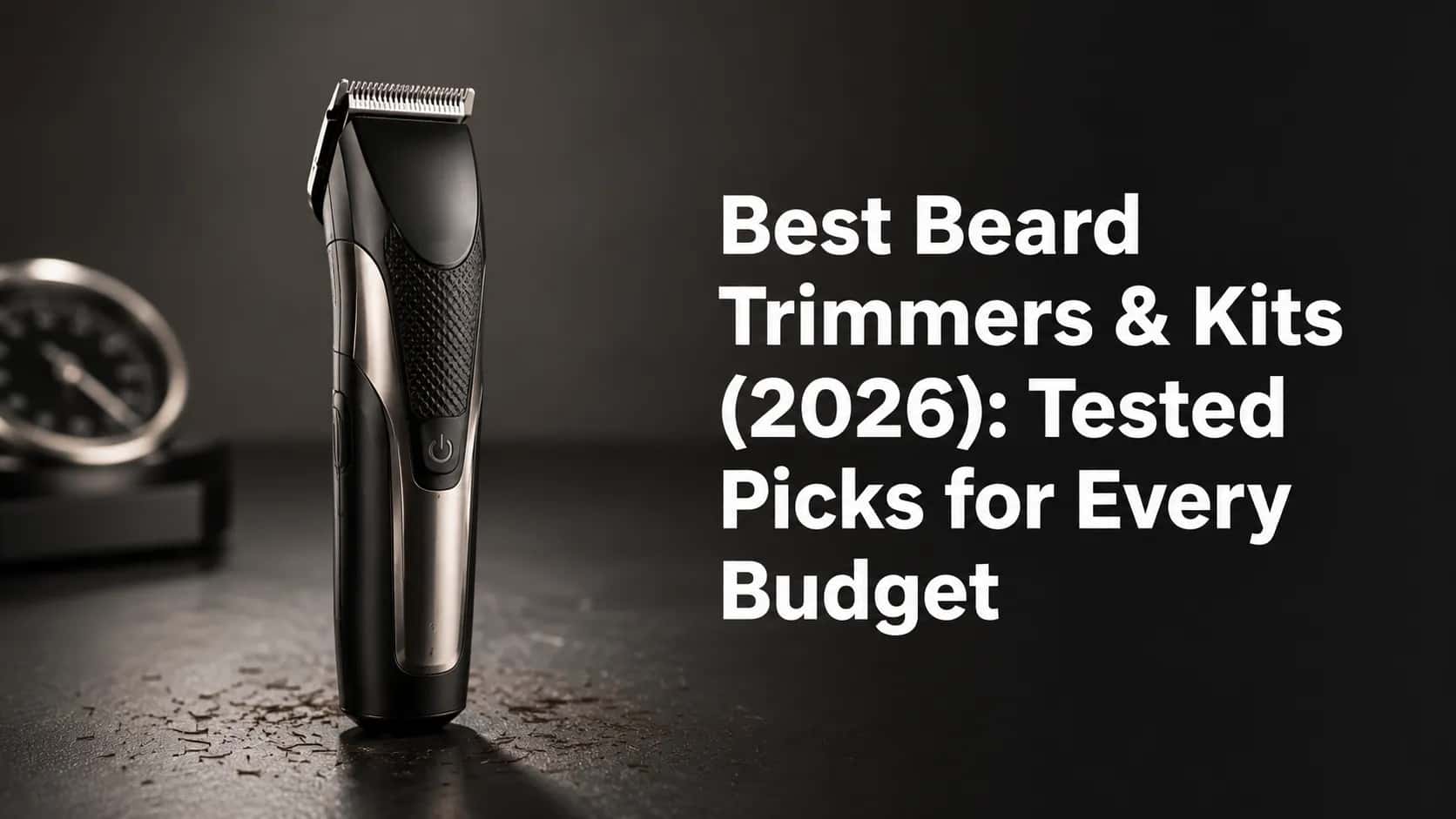 Modern black and brushed-steel beard trimmer standing upright on a dark studio surface with the title "Best Beard Trimmers & Kits (2026): Tested Picks for Every Budget"