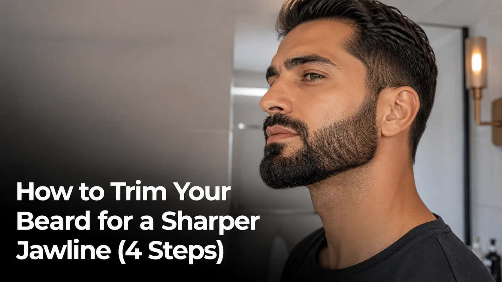 Man with a neatly trimmed dark beard in three-quarter profile showing a sharp jawline in a softly lit bathroom, illustrating four simple beard trimming steps for a more defined facial shape.