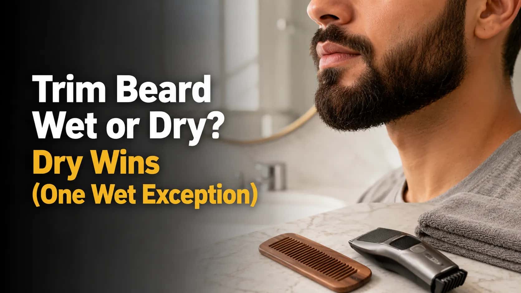 Man with a neatly trimmed medium beard beside a beard comb and cordless trimmer on a bright bathroom counter, illustrating why trimming a dry beard gives more accurate shaping than wet trimming.