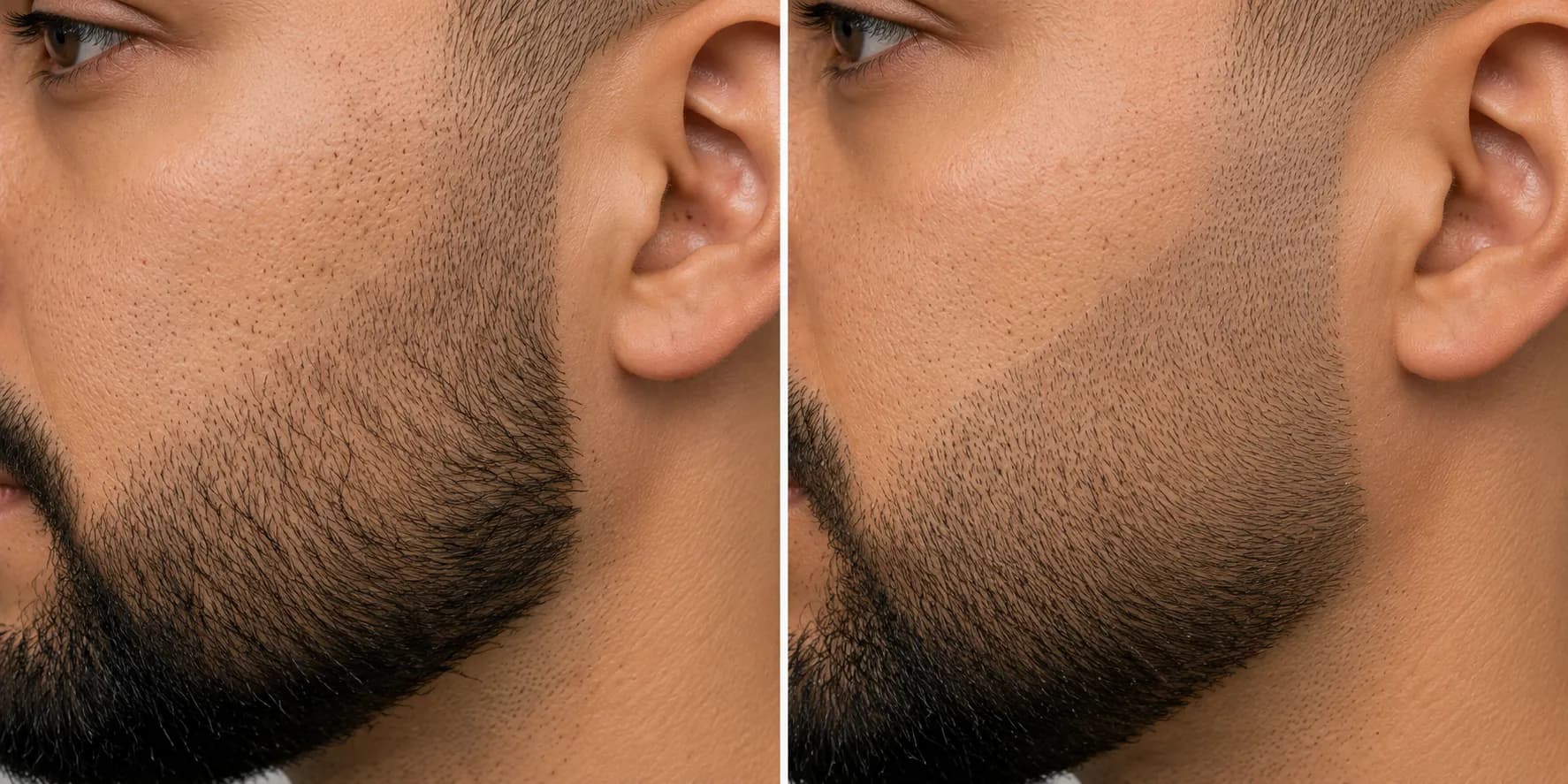 Side-by-side close-up comparing against-grain and with-grain beard trimming, showing an uneven taper gradient versus a smoother, more even beard fade on the same cheek.