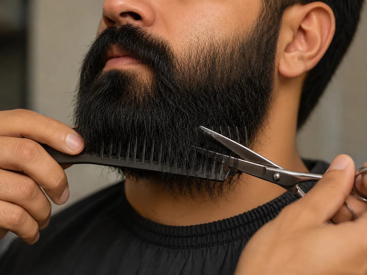 Close-up of barber shears trimming a long beard over a comb, with beard hair lifted through the comb teeth to create an even, controlled beard shape.
