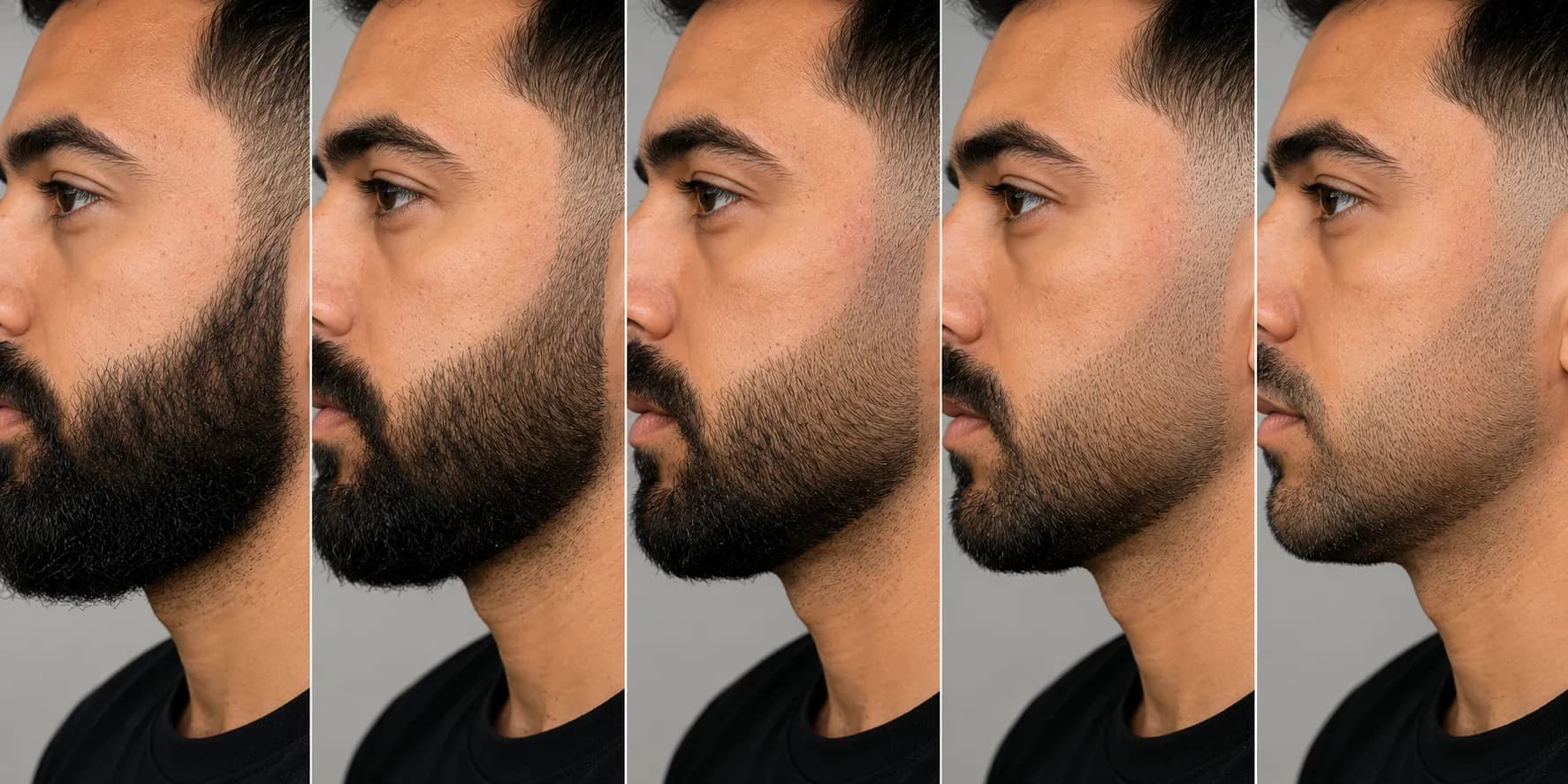 Five-frame sequence showing the same beard cheek as each trimmer guard pass creates a progressively smoother taper gradient from a full beard to a clean, blended fade.