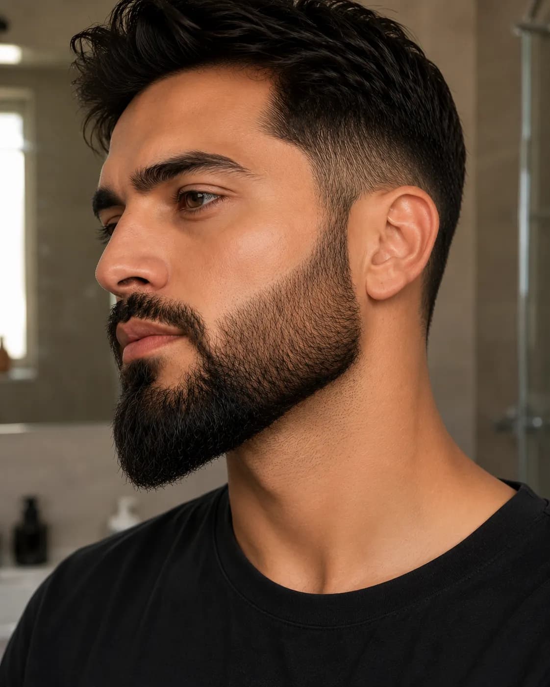 Three-quarter portrait of a man with a beard trimmed to 6 mm on the sides and 10 mm on the chin, creating a sharper jawline with balanced length and clean beard definition.