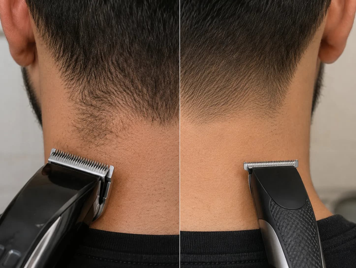 Side-by-side comparison of a neckline trimmed with hair clippers versus a beard trimmer, showing the cleaner, more precise edge created by the beard trimmer.