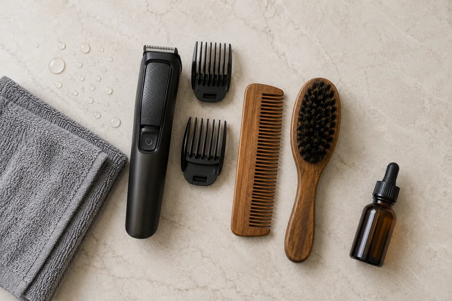 Top-down view of a beard trimming kit with a cordless trimmer, guard combs, wooden comb, boar-bristle brush, towel, and beard oil set aside to apply after trimming.