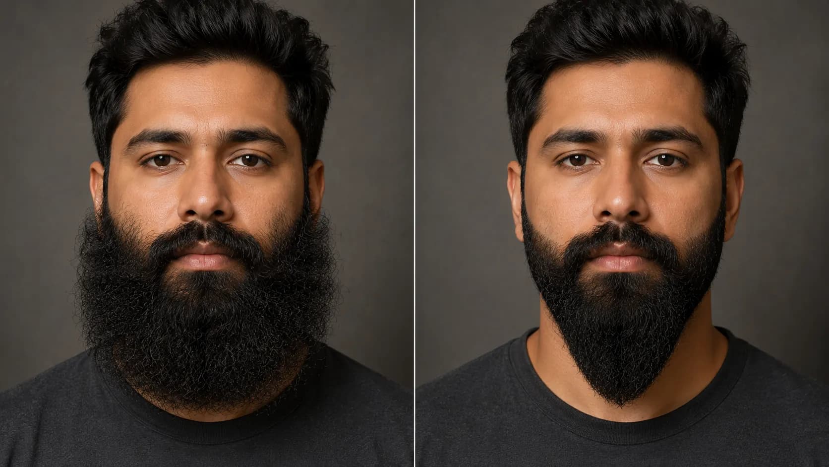 Before-and-after comparison of the same five-inch beard, showing a bushy rounded beard on the left and a barber-style trim with tapered sides and a full chin on the right.