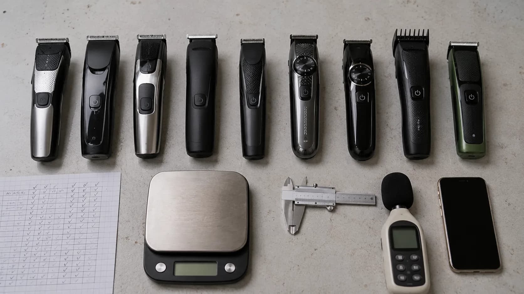 Nine beard trimmers lined up on a test bench with a digital scale, metal caliper, decibel meter, smartphone, and handwritten test sheet during a side-by-side performance comparison.