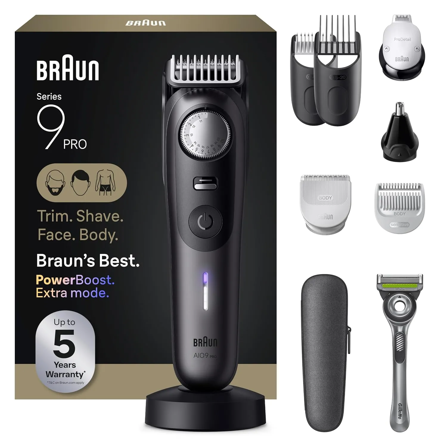 Braun Series 9 Pro all-in-one beard trimmer kit with adjustable beard guards, precision trimmer, body groomer, nose trimmer, Gillette ProGlide razor, charging stand, and travel case.