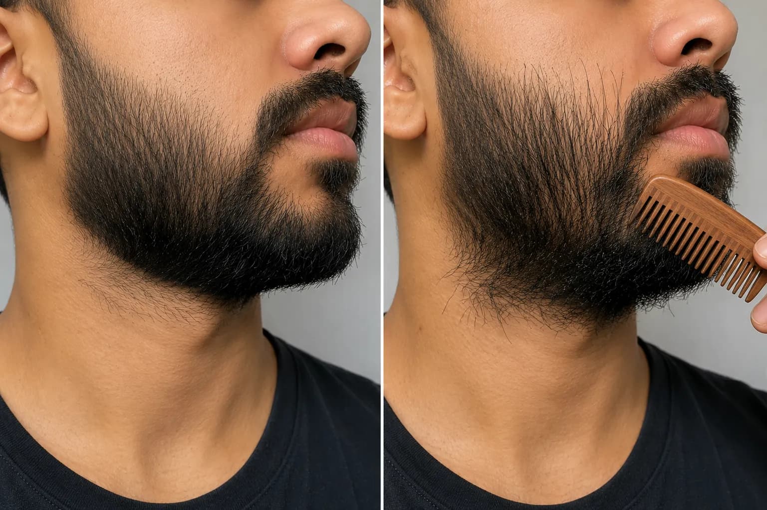 Side-by-side comparison of the same beard combed down and combed upward, showing how lifting the beard reveals stray longer hairs before trimming with a wooden comb.