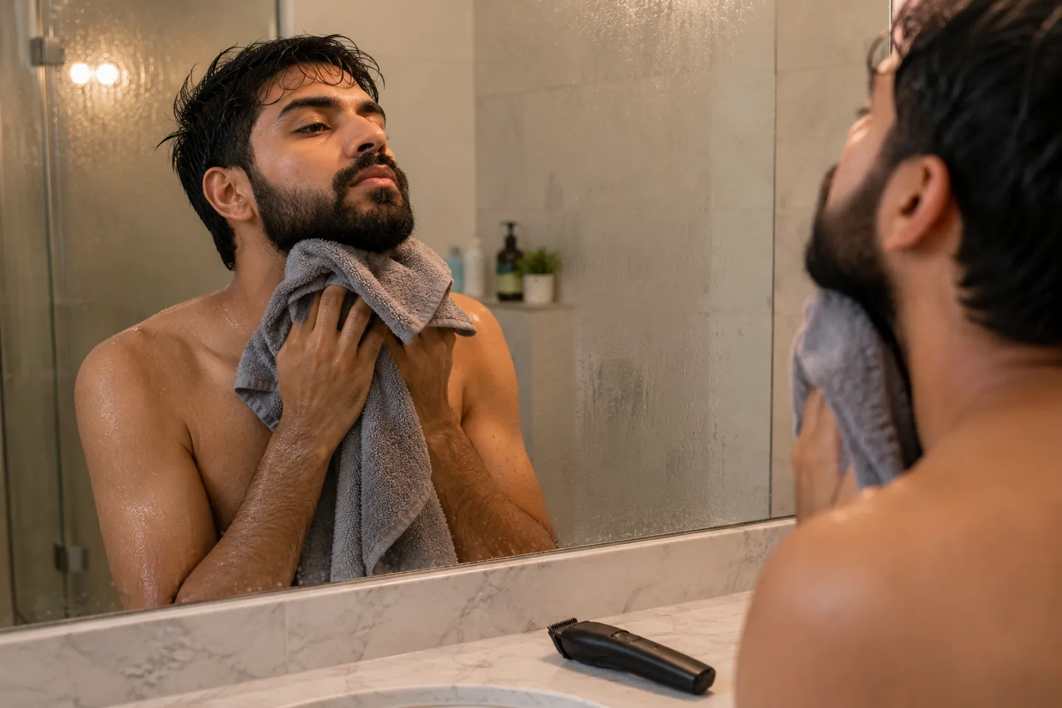 Man towel-drying his beard after a shower in front of a lightly fogged bathroom mirror, with a beard trimmer resting unused on the counter before trimming begins.