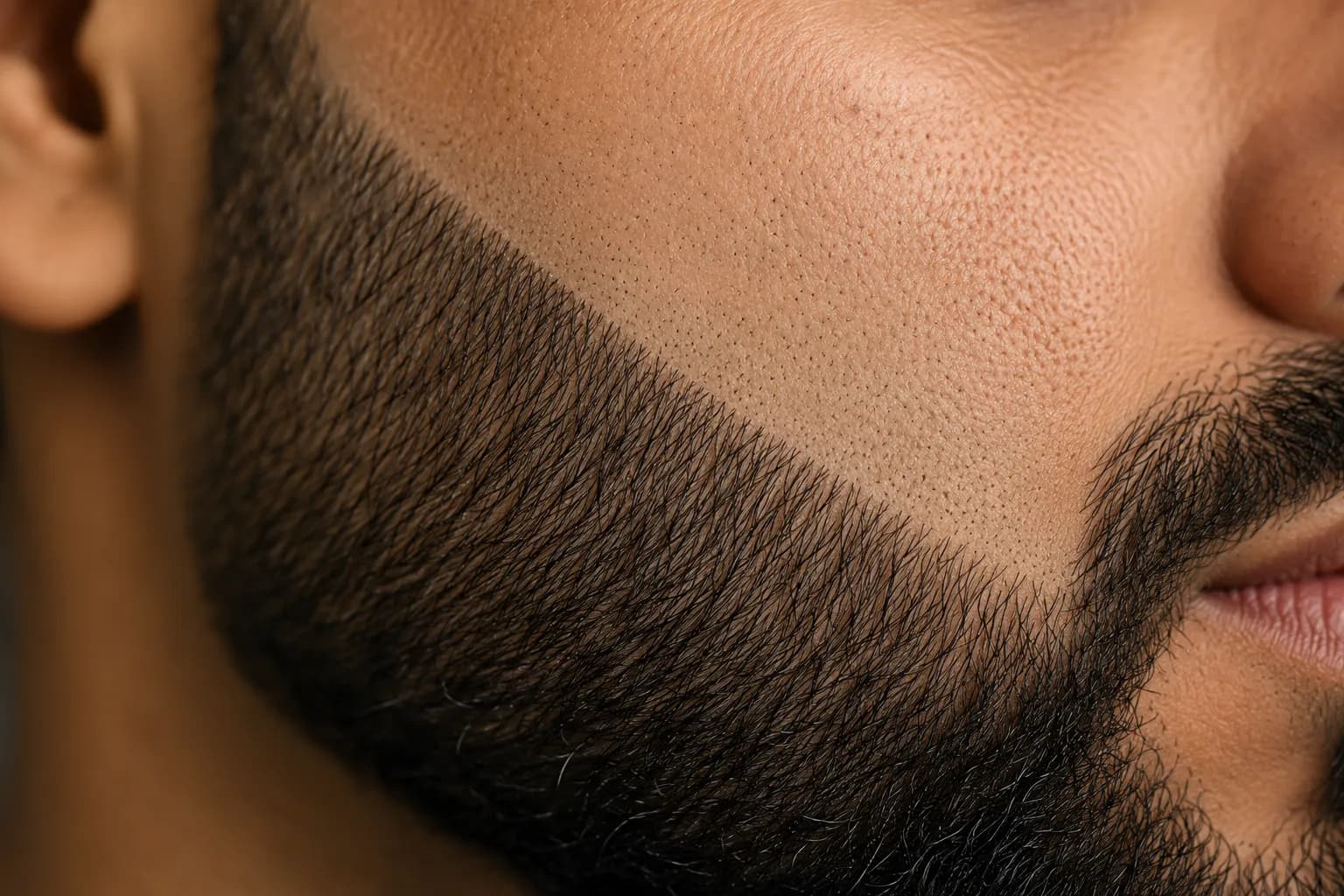 Extreme close-up of a freshly foil-shaved beard cheek line showing a crisp edge between dark beard stubble and smooth skin with visible pores and natural skin texture.