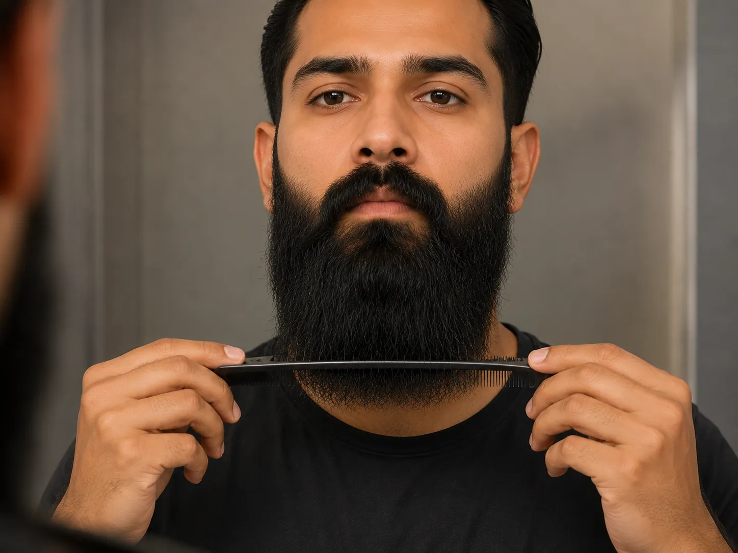 Front view of a man holding a comb horizontally under a long beard to compare both sides and check beard symmetry before the final trim.
