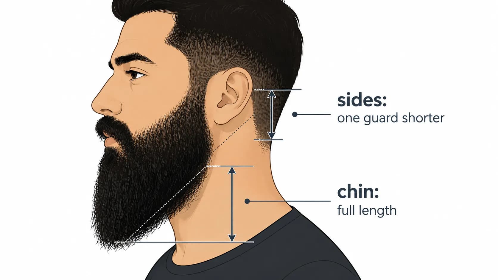 Illustrated beard taper diagram showing a left side profile with the sides trimmed one guard shorter than the chin, explaining the ideal long beard taper geometry.