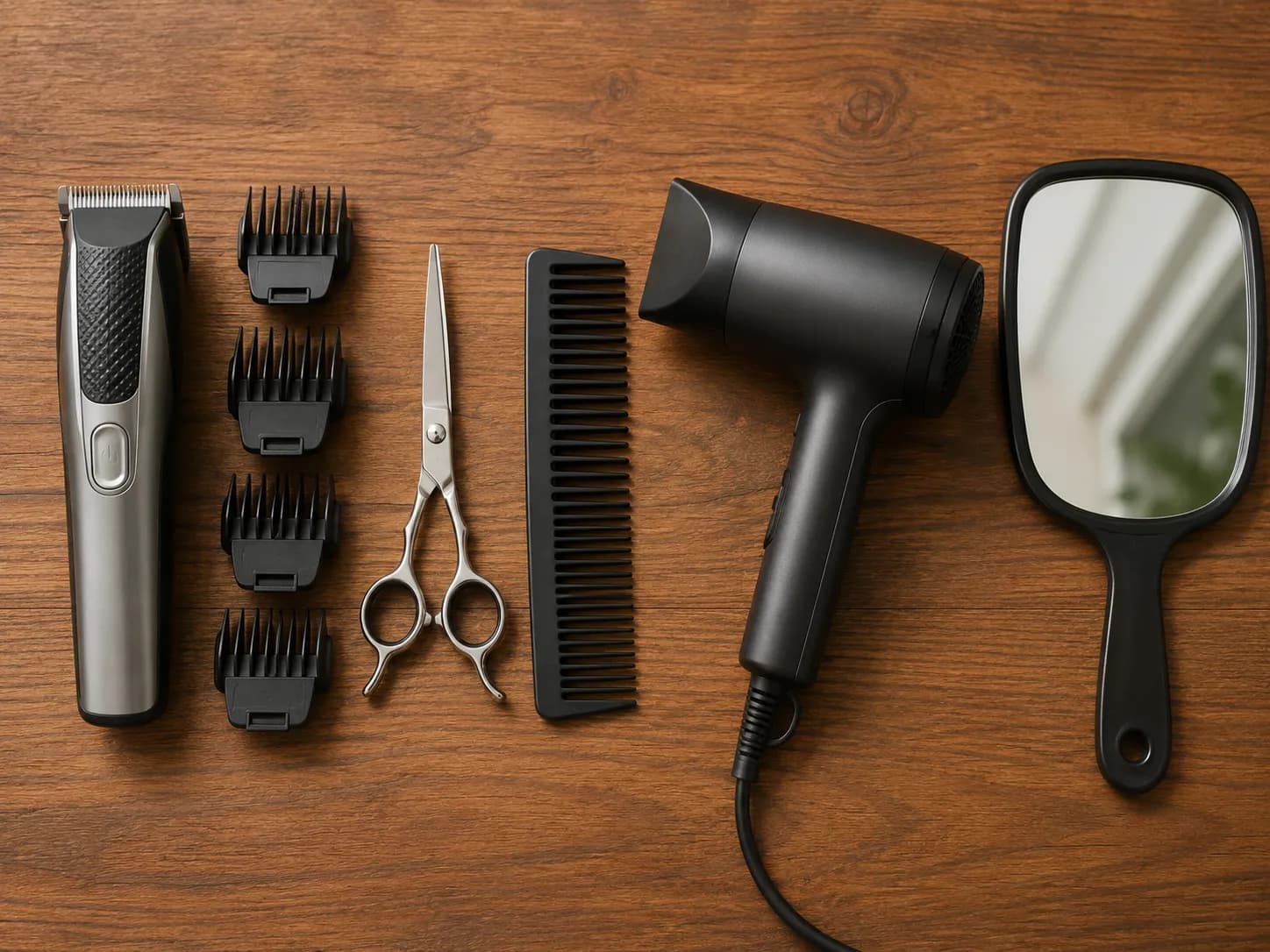 Flat-lay of long beard trimming tools including a beard trimmer with guards, barber shears, wide-tooth comb, compact blow dryer, and hand mirror on a wooden surface.