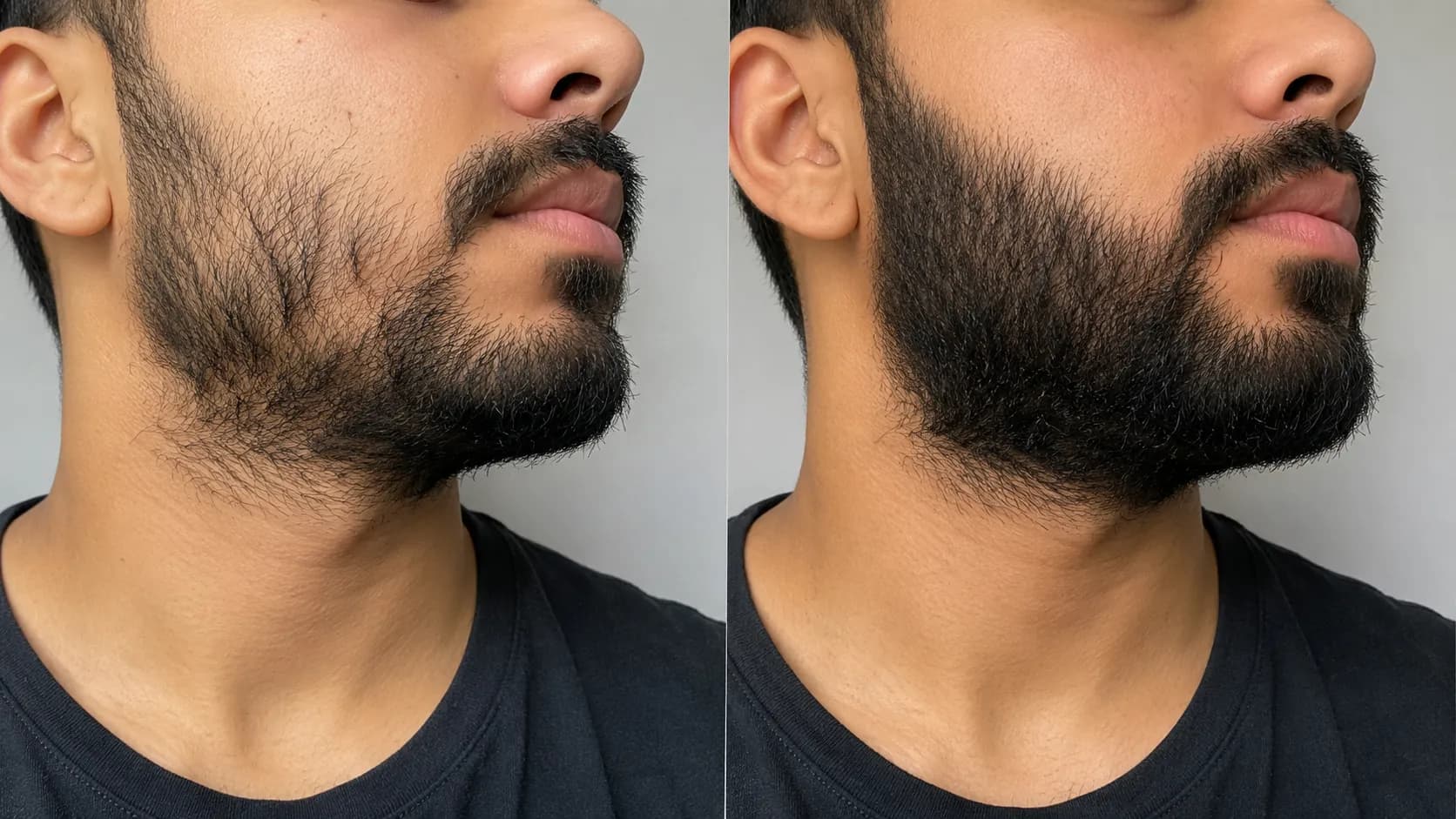 Side-by-side comparison of the same beard appearing patchy when oily and clumped versus fuller after washing and drying, photographed from the same angle under identical lighting.