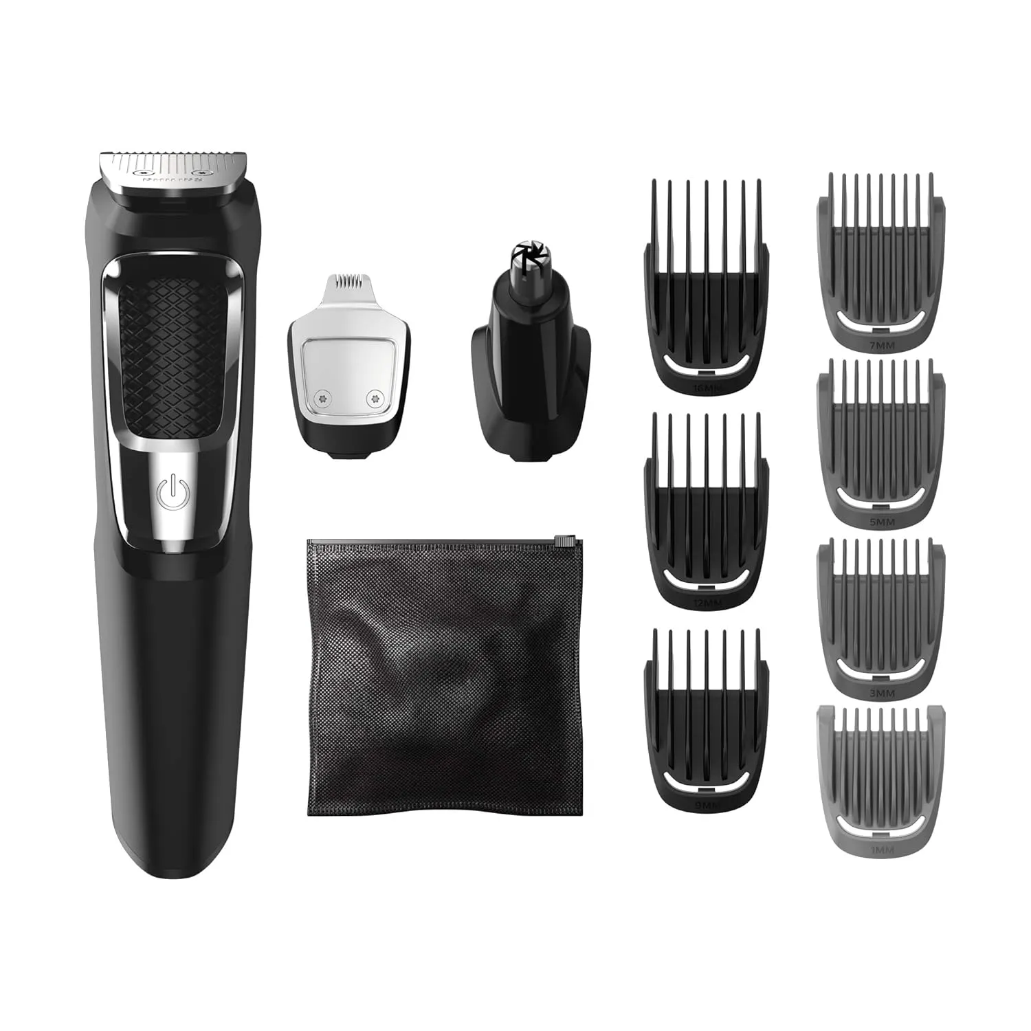 Philips Norelco Multigroom 3000 all-in-one beard trimmer kit with 21 grooming attachments, including precision trimmers, body groomer, adjustable guard combs, and travel case for face, hair, and body