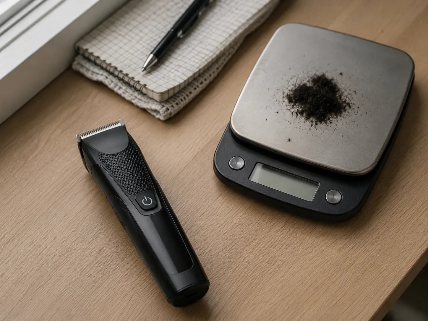 Philips Norelco Multigroom 9000 beard trimmer on a wooden test desk beside a digital kitchen scale holding fresh beard clippings, with a test log and pen in the background.