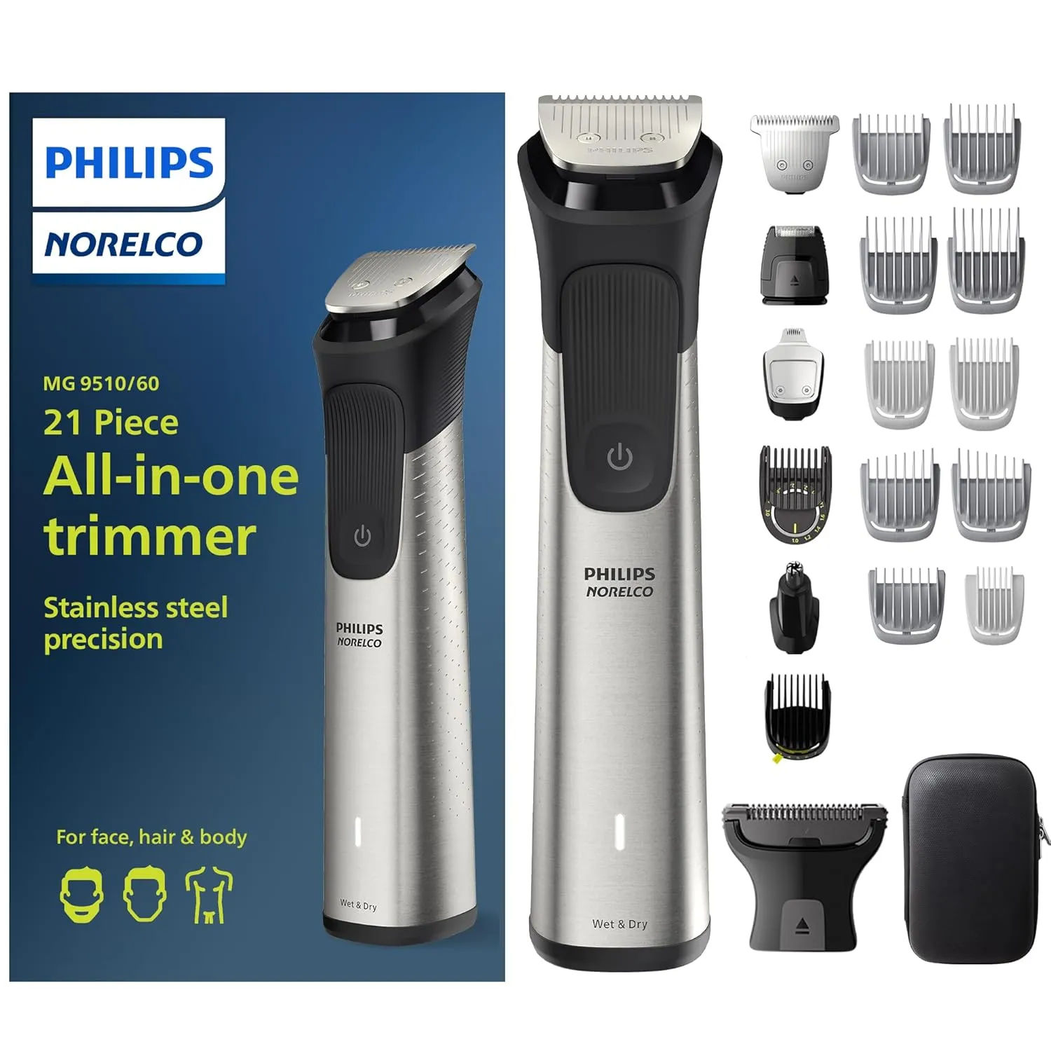 Philips Norelco Multigroom 9000 all-in-one beard trimmer kit with 21 grooming attachments, including precision trimmers, body groomer, adjustable guard combs, and travel case for face, hair, and body