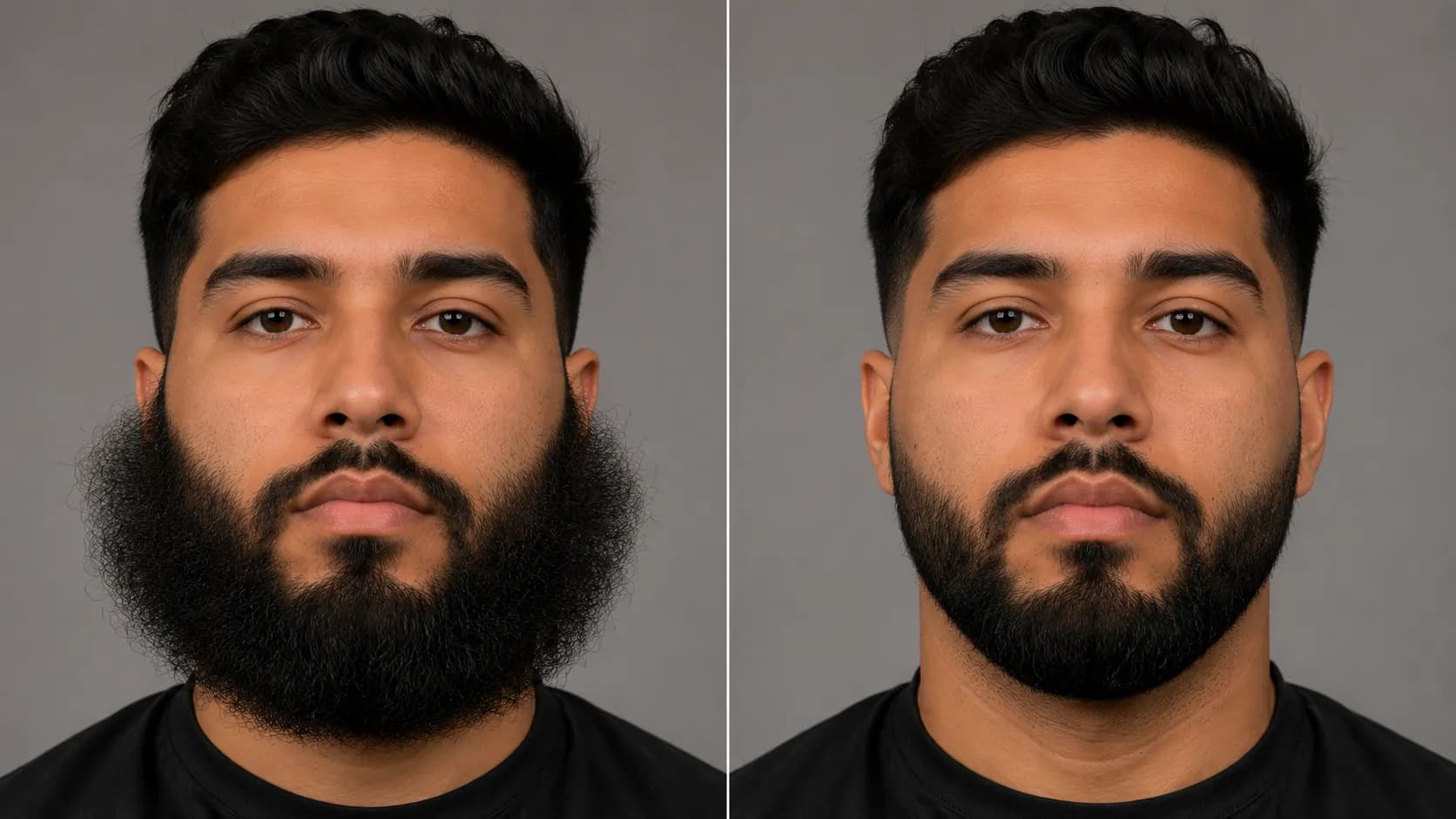 Before-and-after portrait showing a puffy bowl-shaped beard transformed into a clean tapered beard with blended sides, creating a sharper face shape and more balanced beard profile.