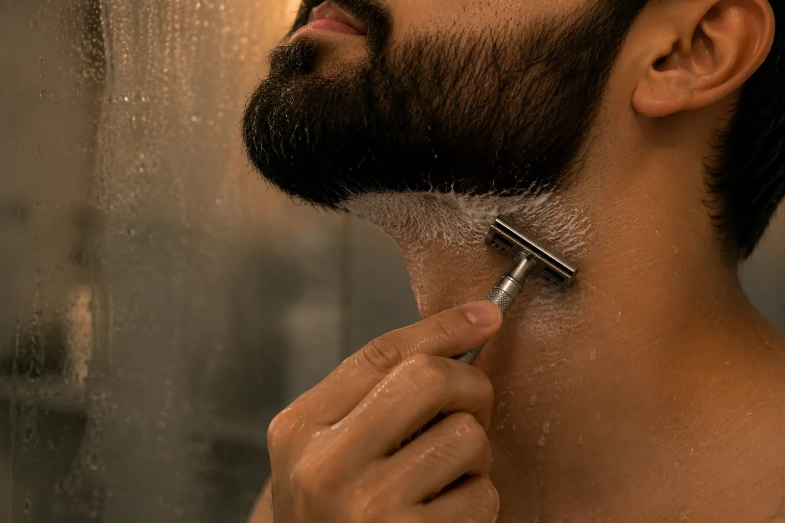 Close-up of a man using a safety razor to shape the beard neckline after a shower, with light shaving lather and a fogged bathroom mirror for precise wet lineup trimming.