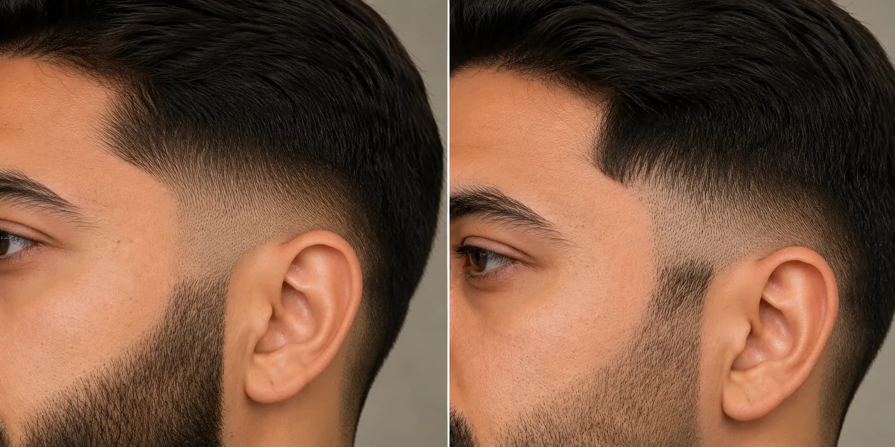 Close-up comparison of a beard sideburn meeting head hair, showing a smooth matched blend on one side and a mismatched transition on the other to illustrate proper taper blending.