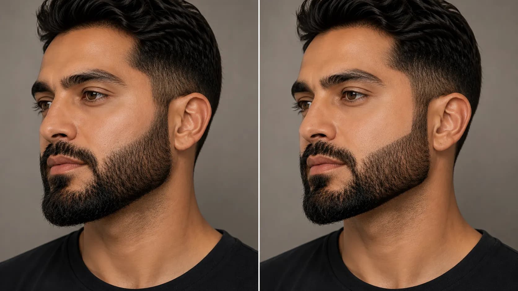 Side-by-side comparison of the same bearded man showing a curved cheek line versus a straight, higher cheek line to demonstrate how beard shaping creates a sharper, more defined jawline.