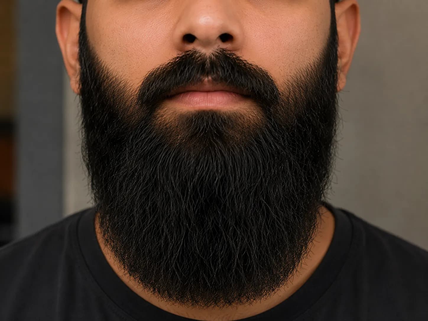 Close front view of a neatly trimmed mustache sitting just above the upper lip, paired with a full long beard for a clean, balanced beard grooming style.