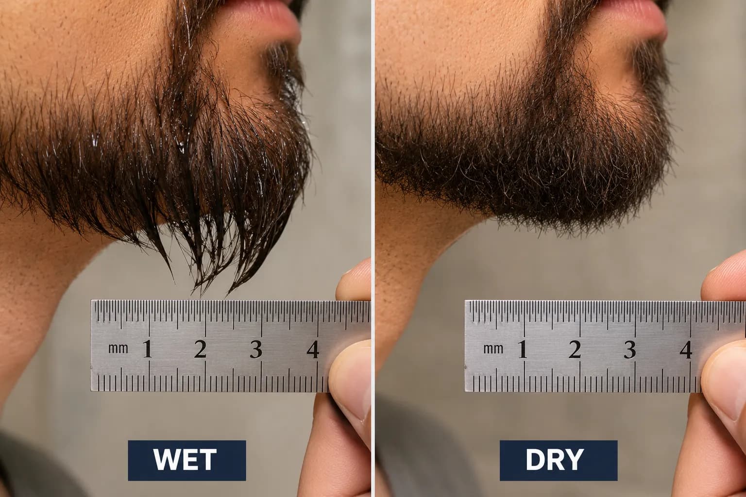 Side-by-side close-up of the same beard measured wet and dry with a millimeter ruler, showing damp beard hairs appear longer while dry hairs retract for more accurate trimming.