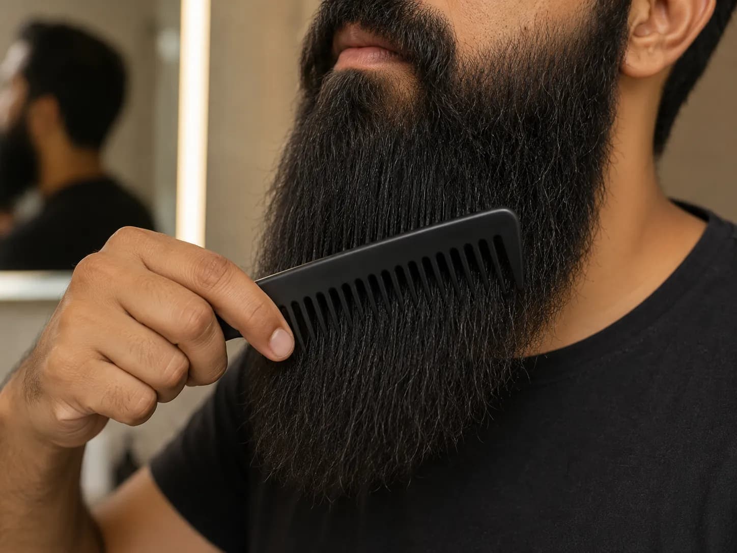 Close-up of a wide-tooth comb gliding through a fully dry, straightened long beard before trimming, helping align beard hairs for an even, accurate beard shape.