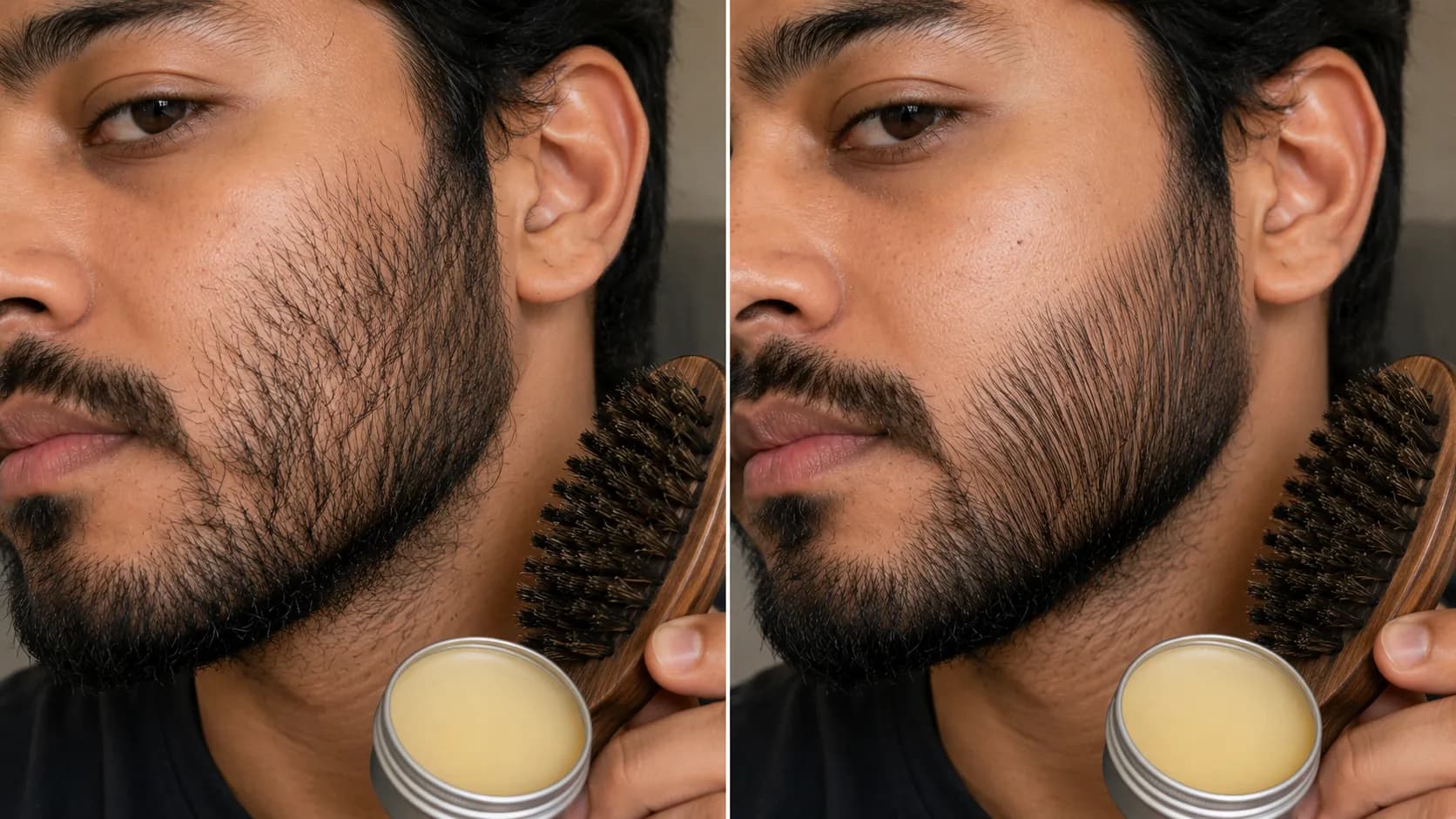 Before-and-after comparison of beard cheek training showing hairs standing out versus lying flat after using a boar-bristle brush and beard balm for a neater beard.