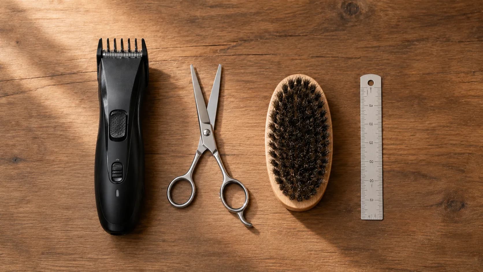 Flat-lay of beard grooming tools used during a 90-day grow-out, including an adjustable-guard trimmer, beard shears, boar-bristle brush, and steel ruler on a wooden surface.