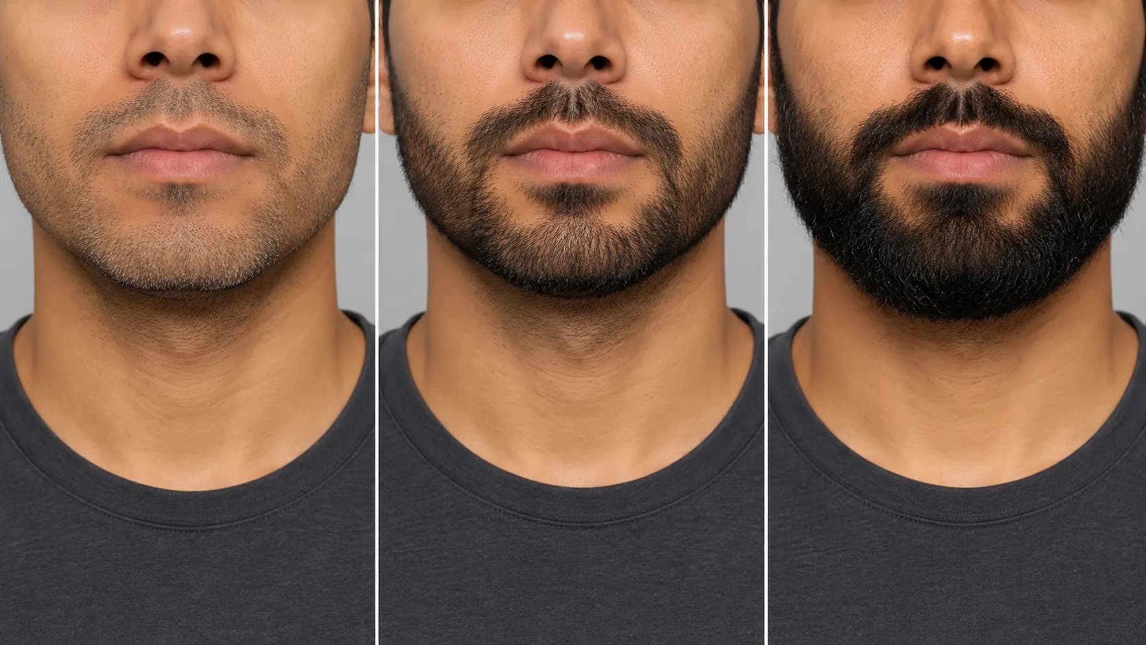 Three-panel comparison of the same man's beard at stubble, short beard, and medium beard lengths, showing how facial hair changes with growth and different beard trimmer guard sizes.