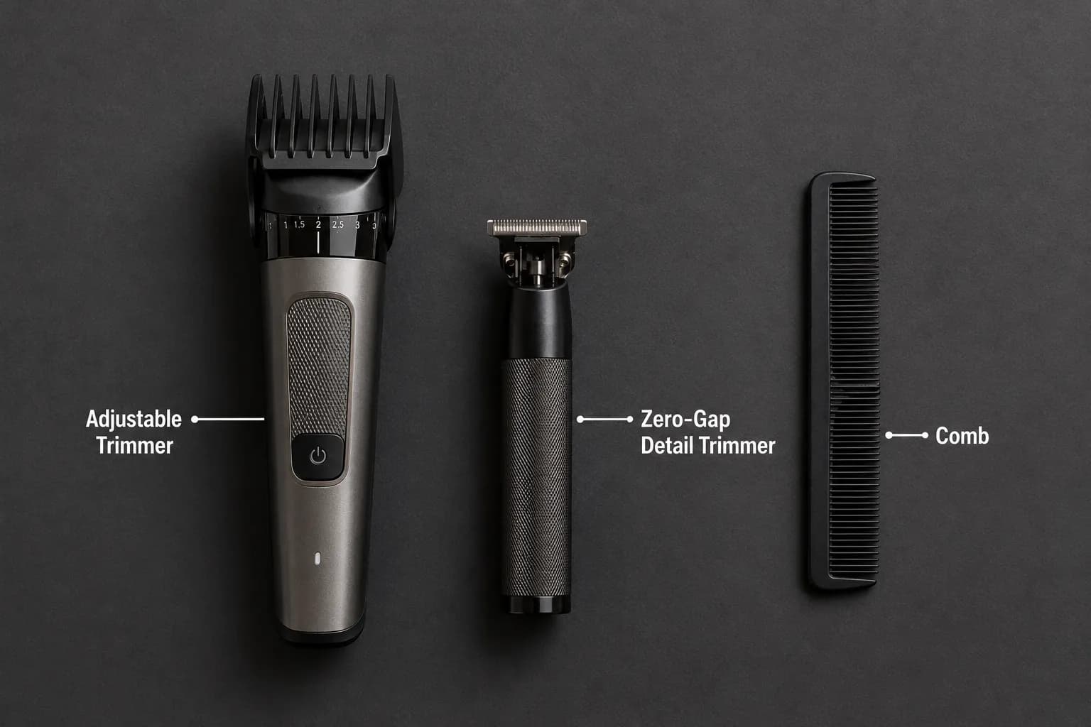 Flat-lay of a beard grooming kit featuring an adjustable beard trimmer, zero-gap detail trimmer, and fine-tooth comb arranged on a charcoal background for beard taper and fade grooming.