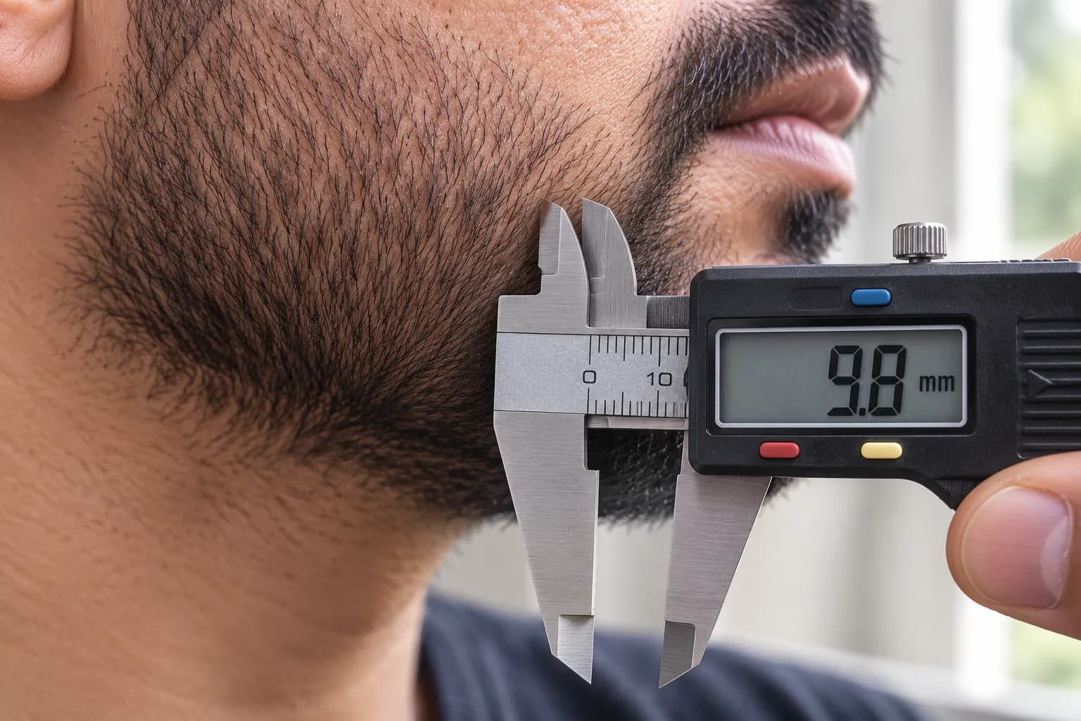 Digital calipers measuring a freshly trimmed beard on a man's jawline, displaying about 9.8 mm to demonstrate the actual length left by a #3 beard trimmer guard.