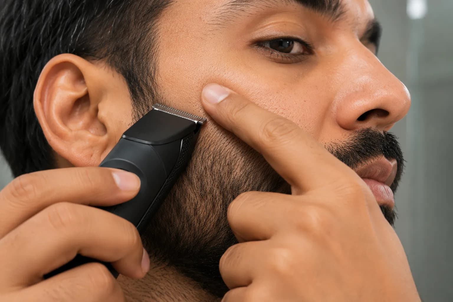 Close-up of a man shaping his beard cheek line with a black beard trimmer using the bare blade without a guard, creating a clean, defined upper beard edge