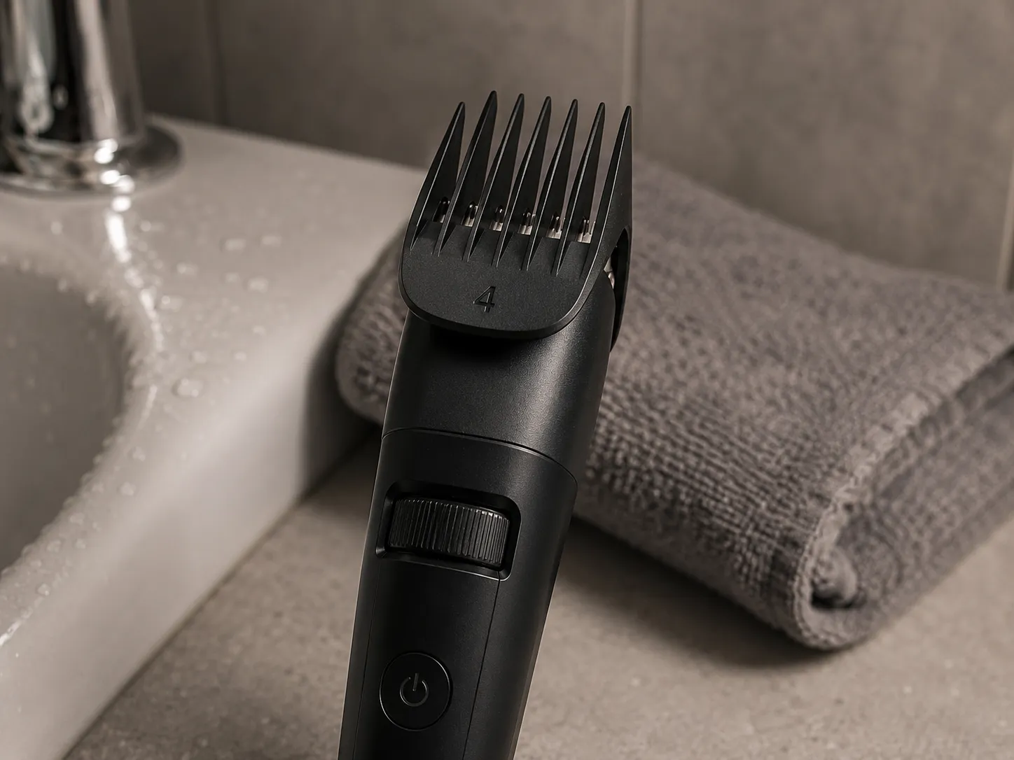 Close-up of a black cordless beard trimmer with a #4 guard comb attached on a bathroom shelf, showing the guard teeth with a blurred grey towel and water droplets in the background.