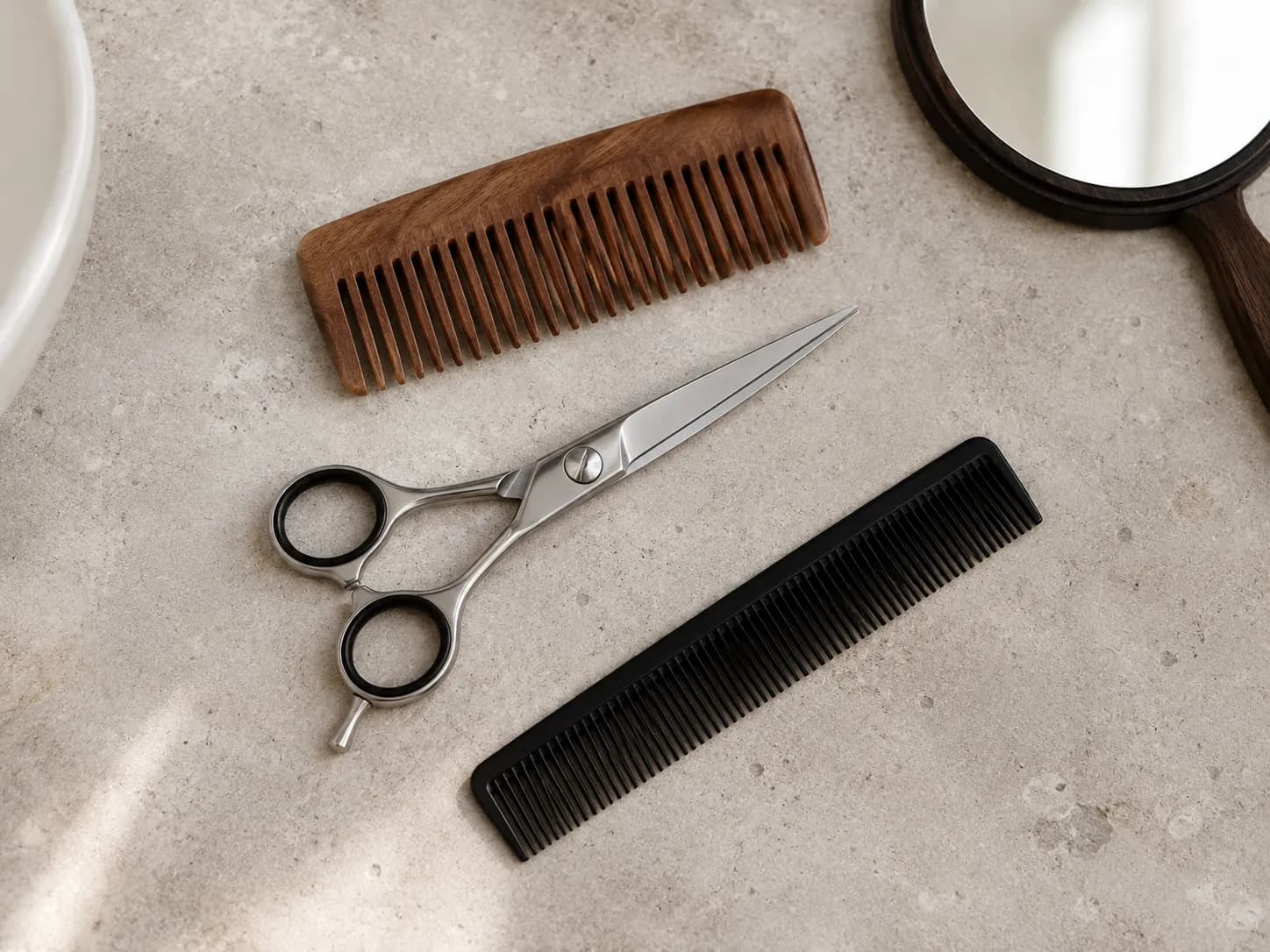 Flat lay of stainless steel beard trimming scissors, a wide-tooth wooden comb, and a fine-tooth comb on a bathroom counter, showing the essential tools for trimming a beard with scissors.