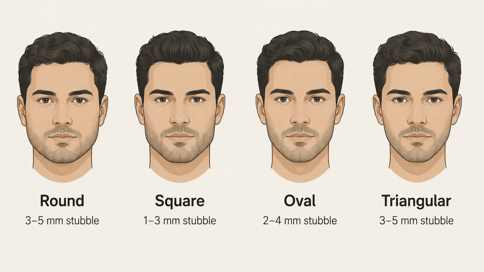 Four-panel diagram showing round, square, oval, and triangular face shapes with recommended stubble beard lengths to help choose the most flattering beard style.
