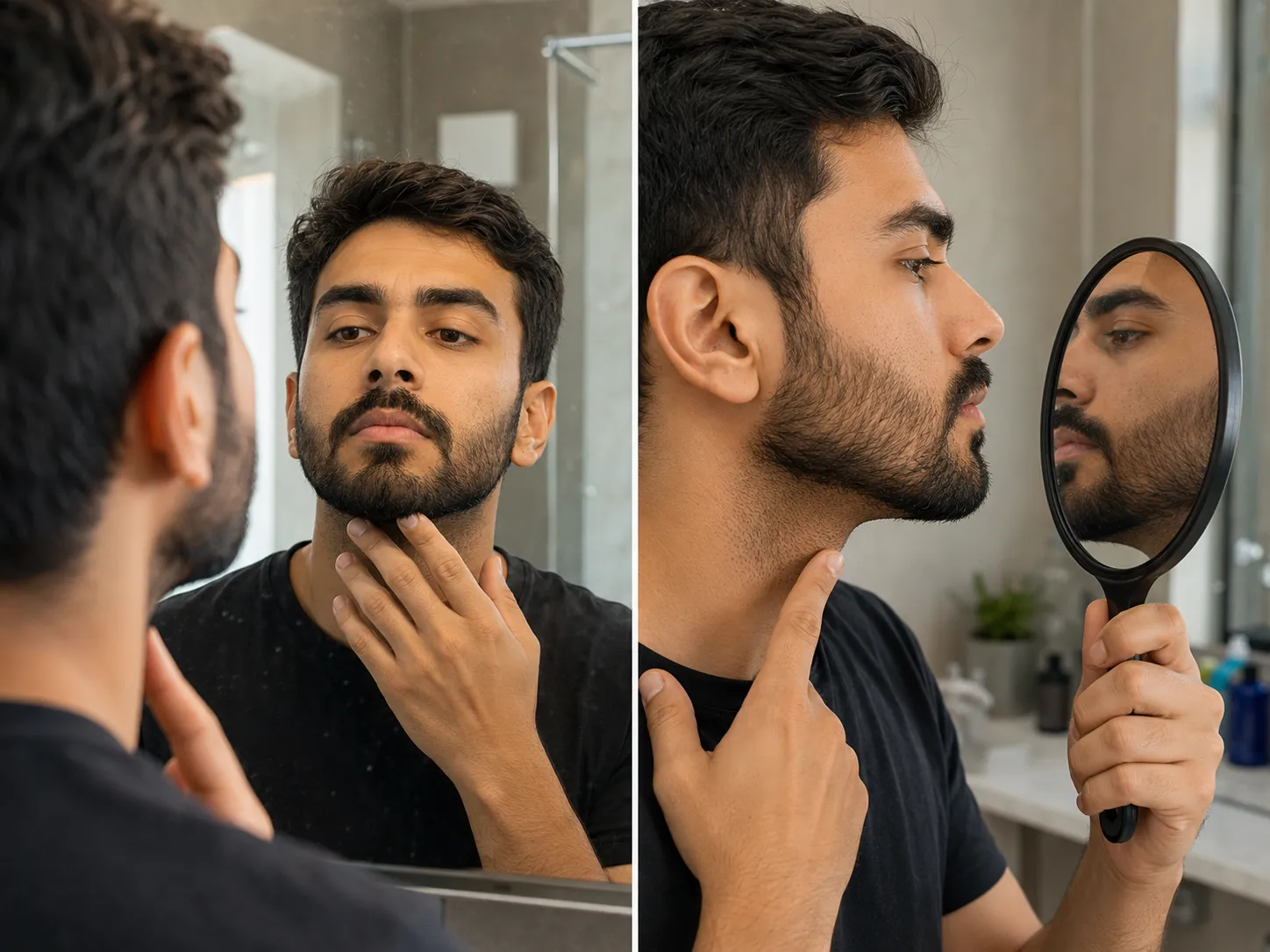 Two-panel view of a man inspecting his freshly trimmed beard from the front and side with a hand mirror to check for uneven or fuller patches before finishing.
