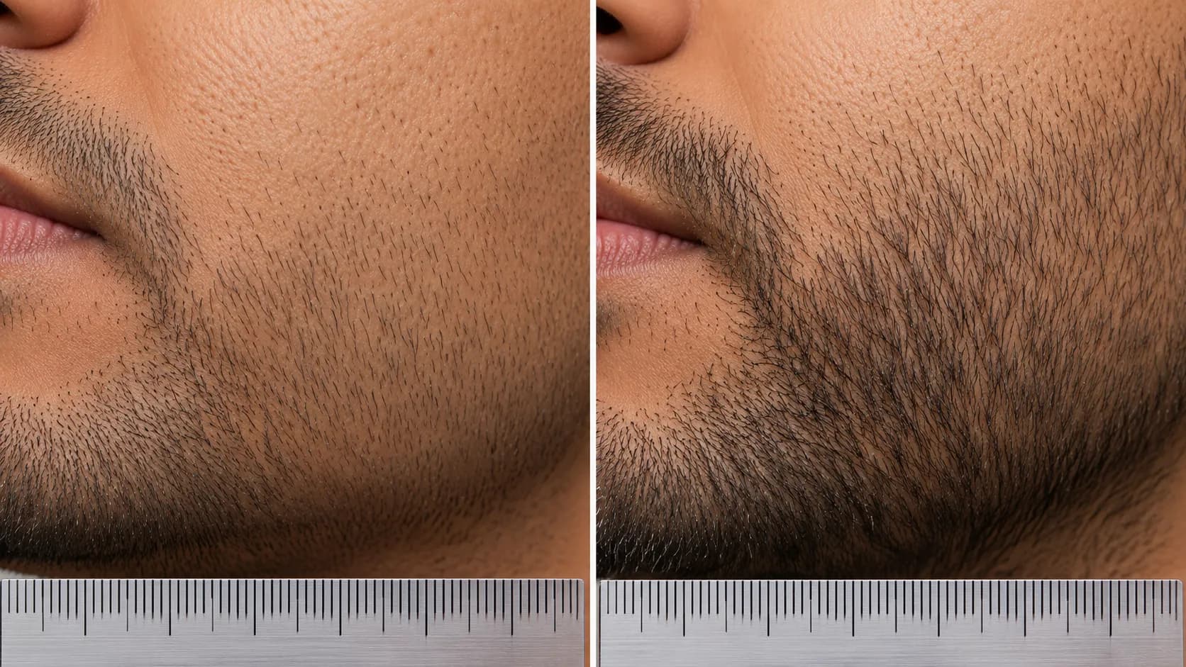 Split-screen close-up comparing coarse cheek beard and finer jawline beard after using the same #3 beard trimmer guard, with a ruler for scale to show visible length differences.