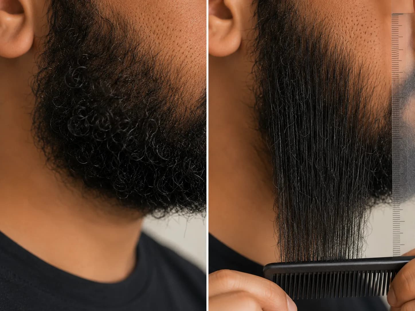 Side-by-side comparison of a curly beard at its natural resting length and the same section combed straight beside a ruler, showing how much curly beard hair stretches.
