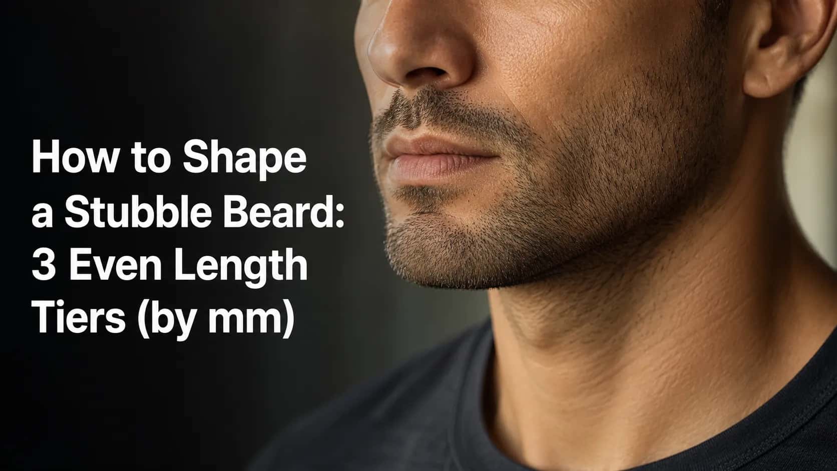 Close-up of a man's jaw with clean, even medium stubble shaped to a defined beard line, illustrating three popular stubble length tiers measured in millimeters.