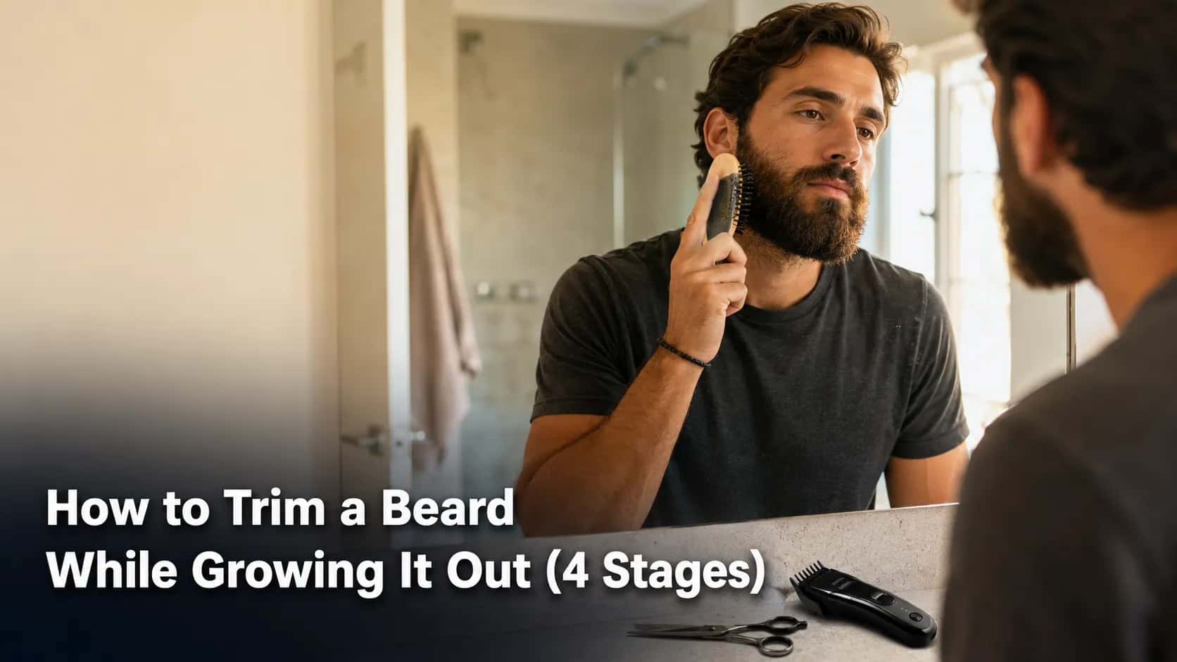 Man with an 8-week beard growth brushing his beard in a bathroom mirror while a trimmer and beard shears rest on the counter, illustrating how to trim a beard while growing it out.