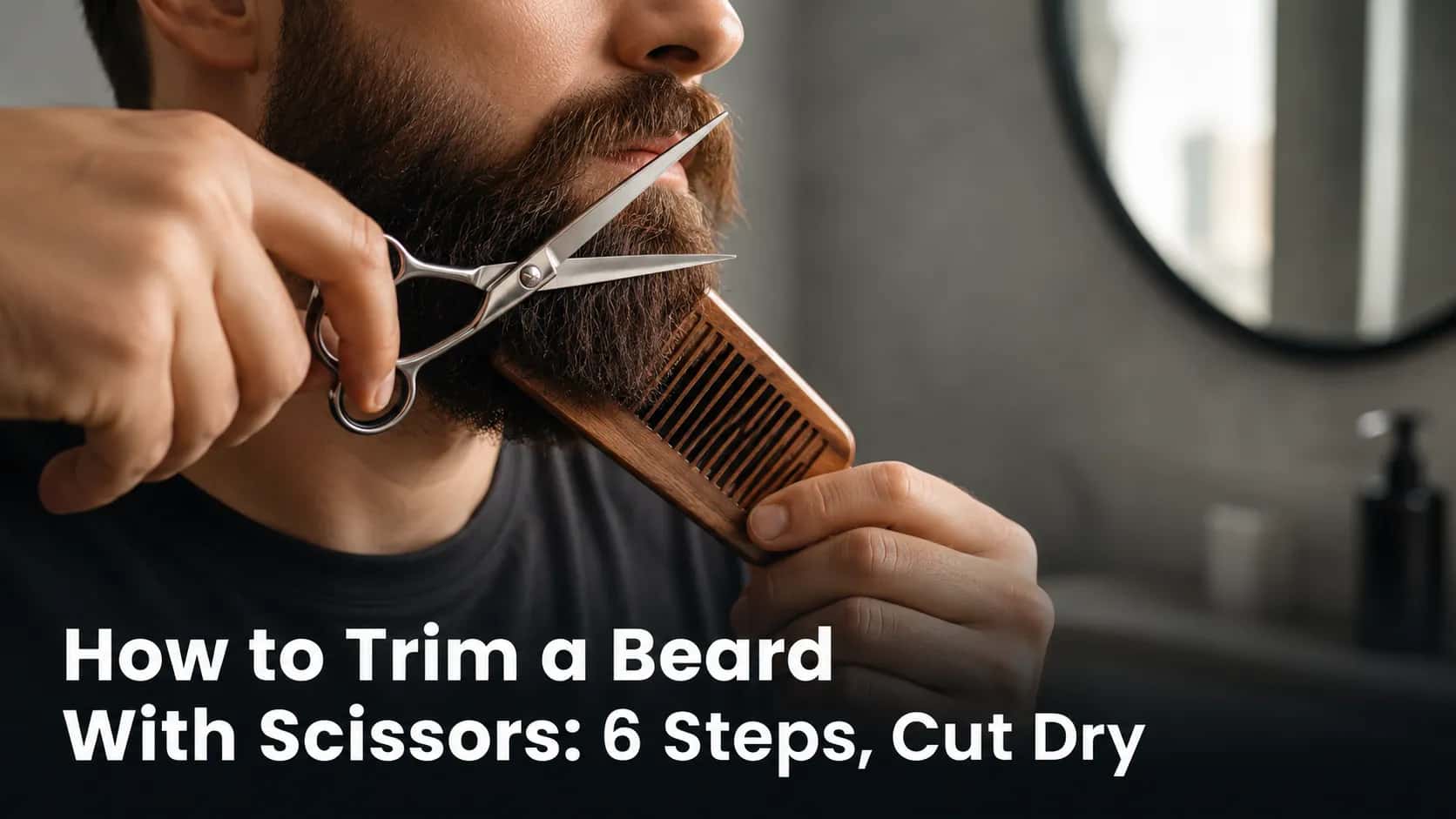 Man trimming a dark brown beard with grooming scissors and a wooden comb in a bathroom, demonstrating how to trim a beard with scissors using the dry-cut method.