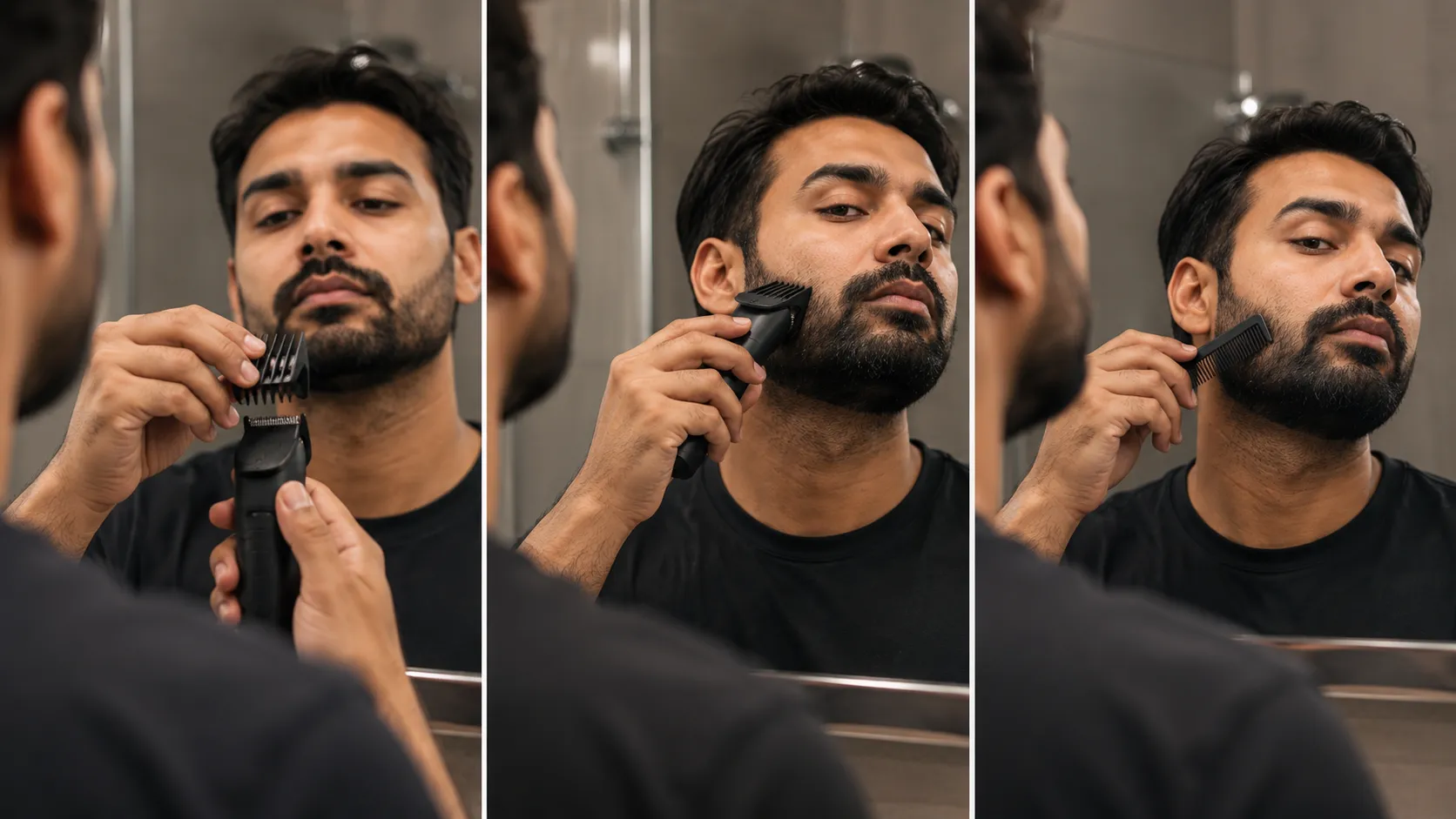 Three-step beard trimming sequence showing a man attaching a trimmer guard, trimming upward against the grain, and combing the beard to check length before changing guard sizes.