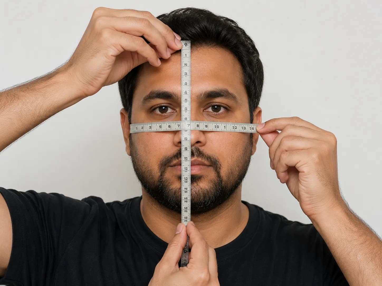 Man measuring face width across the cheekbones and length from hairline to chin with a tape measure to determine a round face shape before trimming a beard.