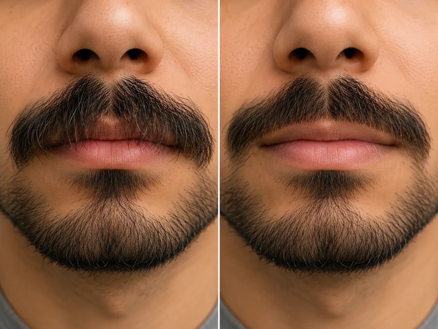 Before-and-after close-up of a mustache combed over the upper lip, showing hairs trimmed neatly to the lip line while keeping the center full and natural.