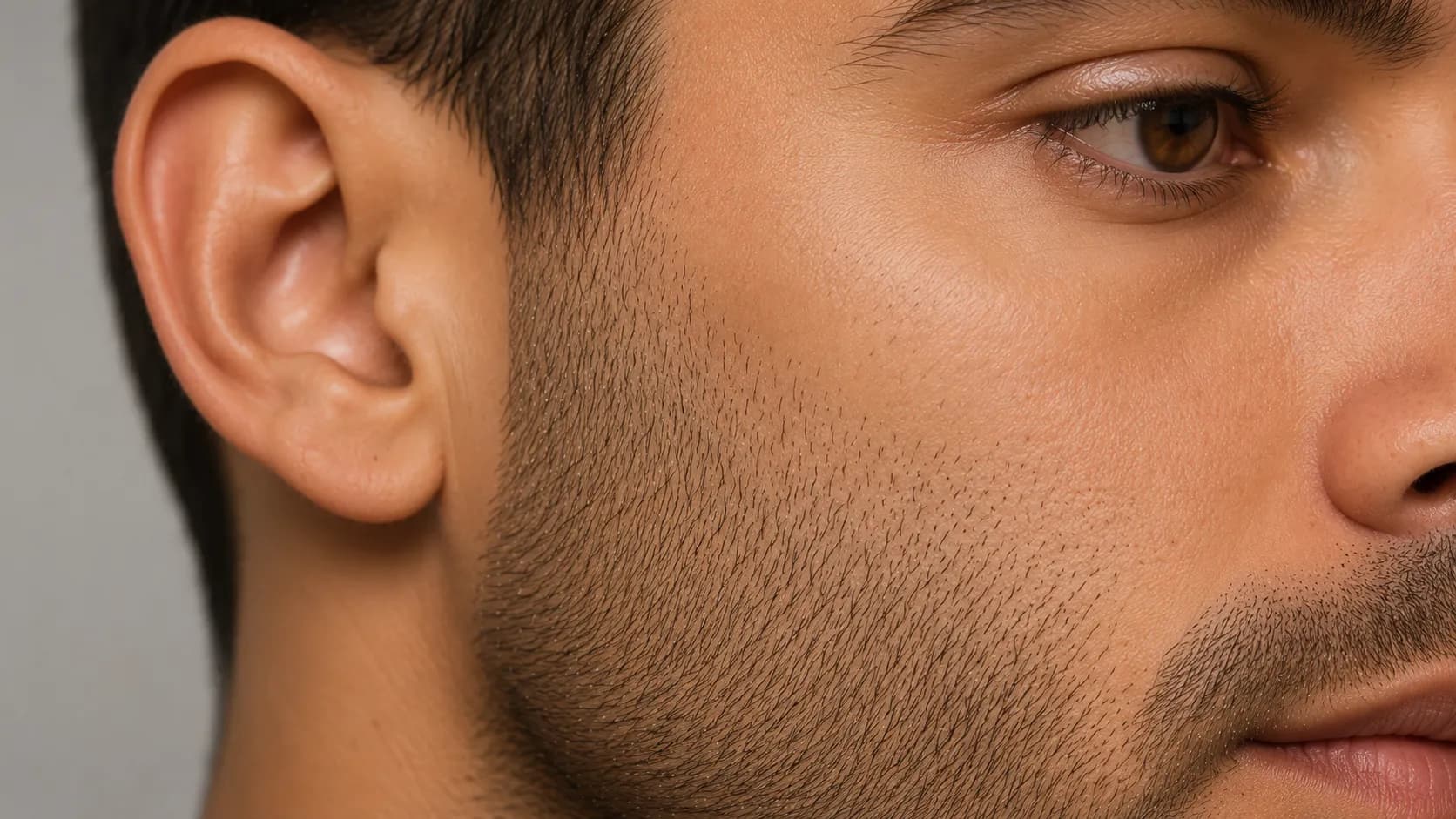 Close-up of a naturally faded stubble cheek line with a soft transition above the beard, showing a clean, realistic beard shape without a harsh carved edge.