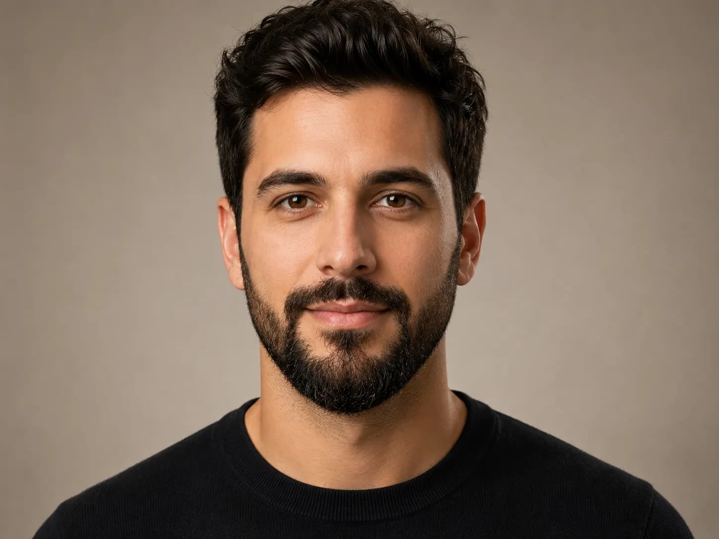 Oval-faced man with a balanced medium beard, tidy flat sides and a slightly longer chin, demonstrating a proportionate beard style that complements an oval face.