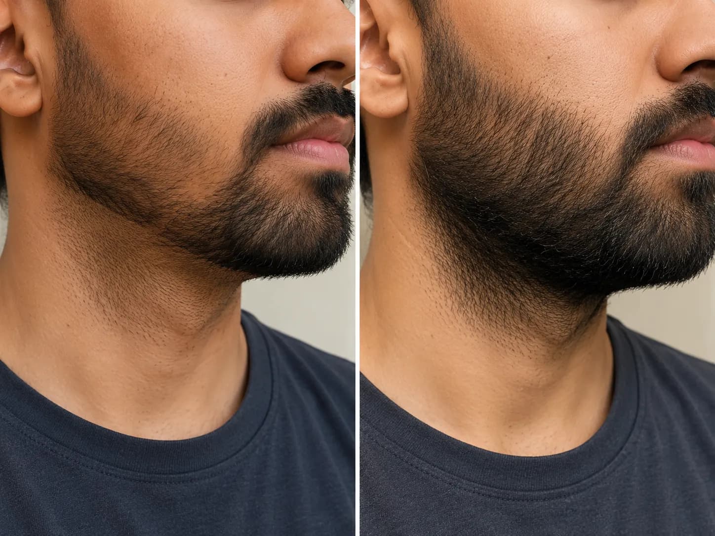 Side-by-side beard comparison showing an overtrimmed jawline on day 0 and the same area after 14 days of regrowth, demonstrating how an uneven beard can recover naturally.